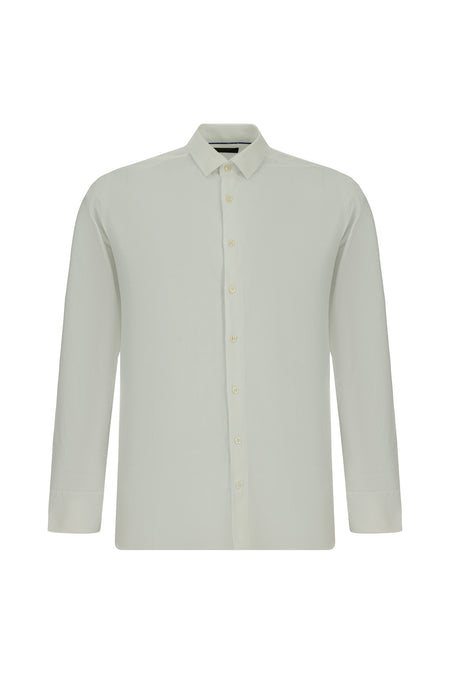 Beyaz Uzun Kol Slim Fit Dar Kesim Pamuklu Keten Gömlek