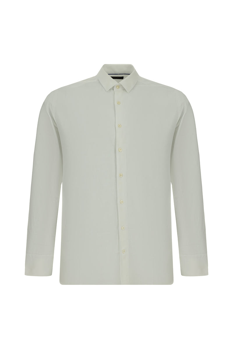 Beyaz Uzun Kol Slim Fit Dar Kesim Pamuklu Keten Gömlek