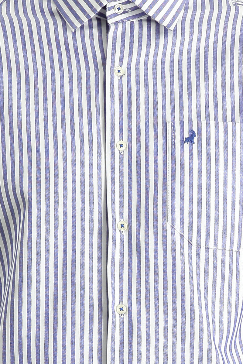 Orta Lacivert Uzun Kol Klasik Çizgili Pamuk Gömlek