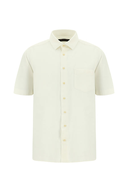 Ekru Kısa Kol Regular Fit Desenli Keten Gömlek