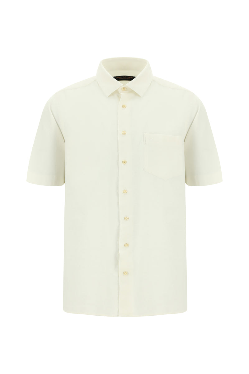 Ekru Kısa Kol Regular Fit Desenli Keten Gömlek