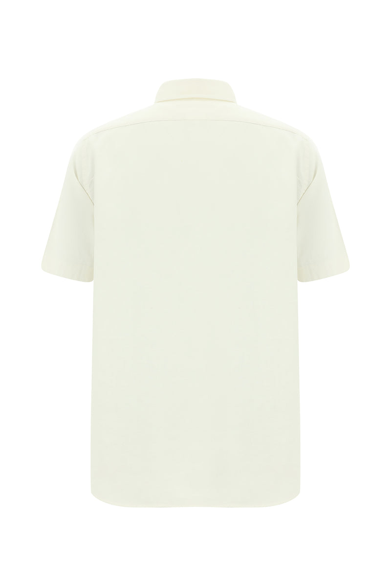 Ekru Kısa Kol Regular Fit Desenli Keten Gömlek