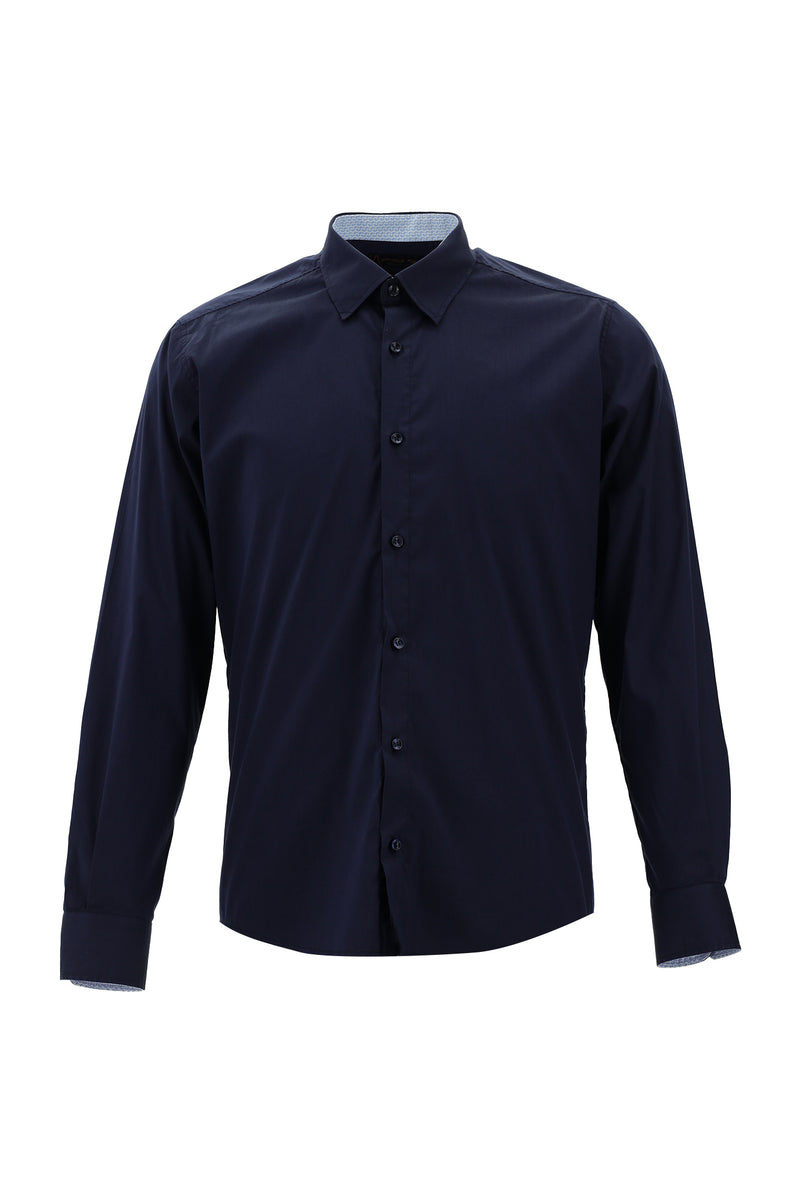 Koyu Lacivert Uzun Kol Slim Fit Dar Kesim Klasik Pamuklu Gömlek