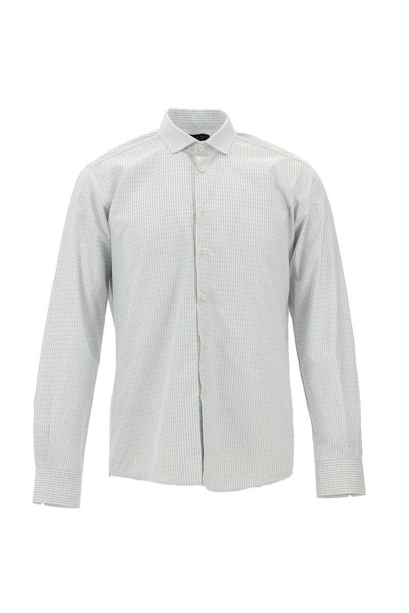 Orta Lacivert Uzun Kol Slim Fit Dar Kesim Çizgili Pamuk Gömlek