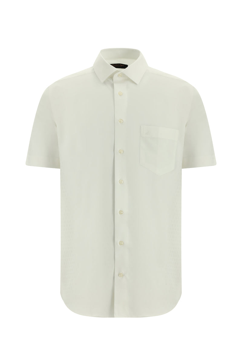 Beyaz Kısa Kol Slim Fit Dar Kesim Desenli Pamuk Gömlek