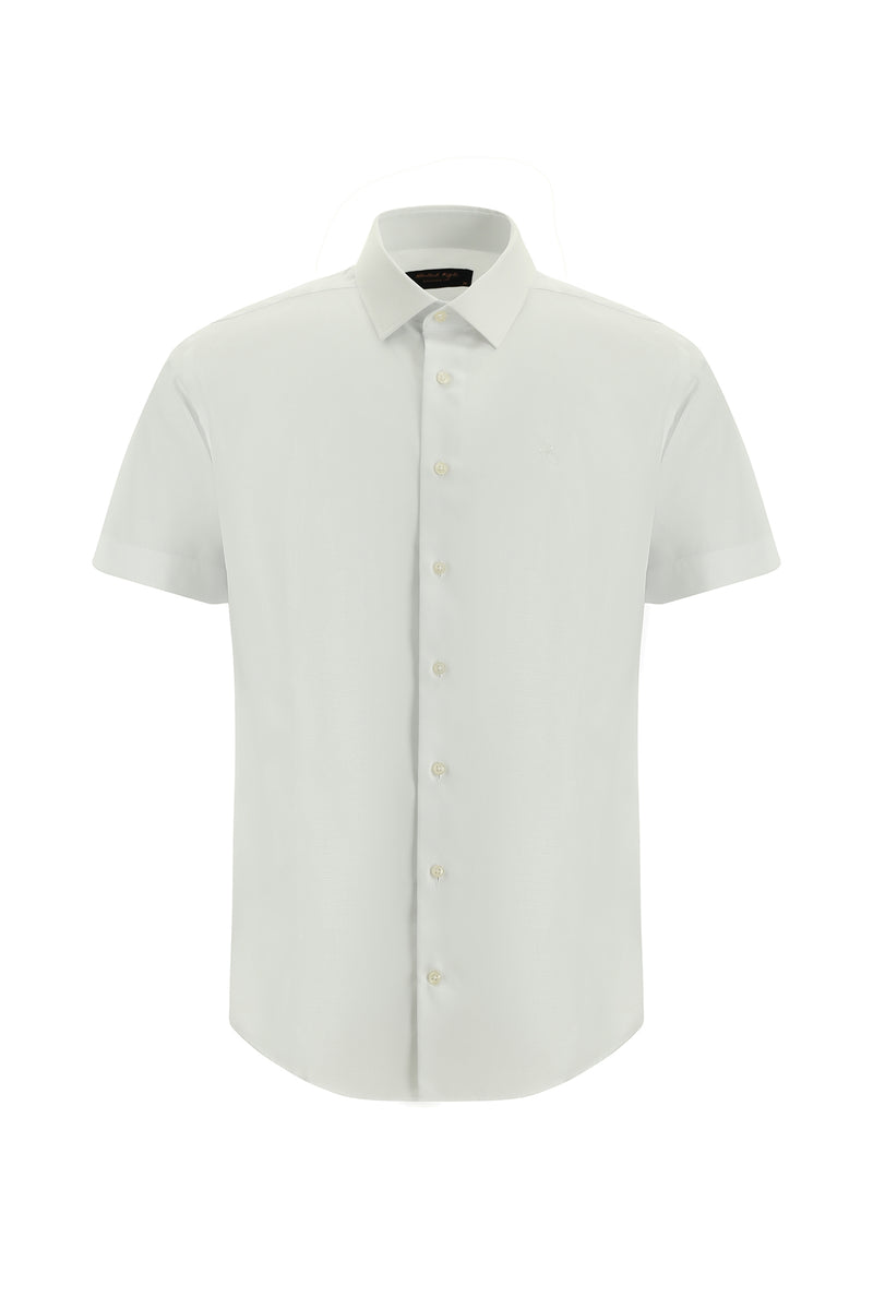 Beyaz Kısa Kol Slim Fit Dar Kesim Desenli Pamuk Gömlek