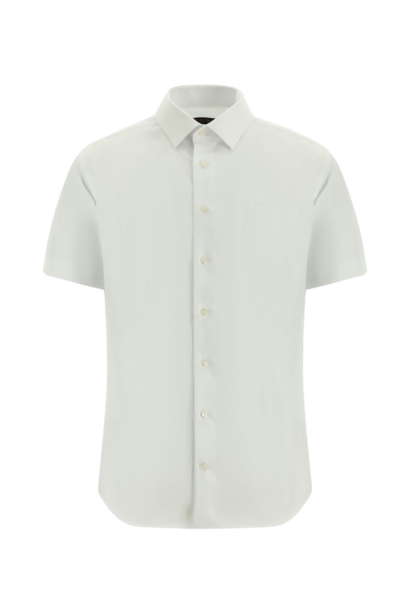 Beyaz Kısa Kol Slim Fit Dar Kesim Desenli Pamuk Gömlek