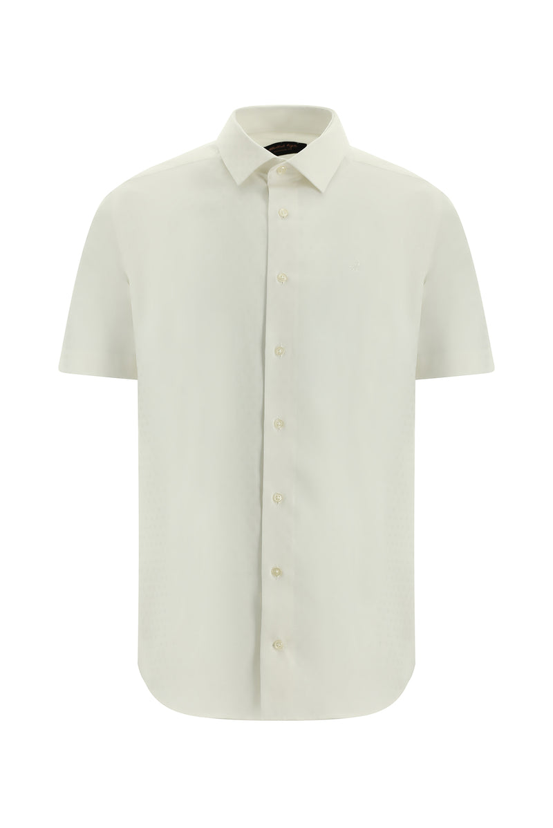 Beyaz Kısa Kol Slim Fit Dar Kesim Desenli Pamuk Gömlek