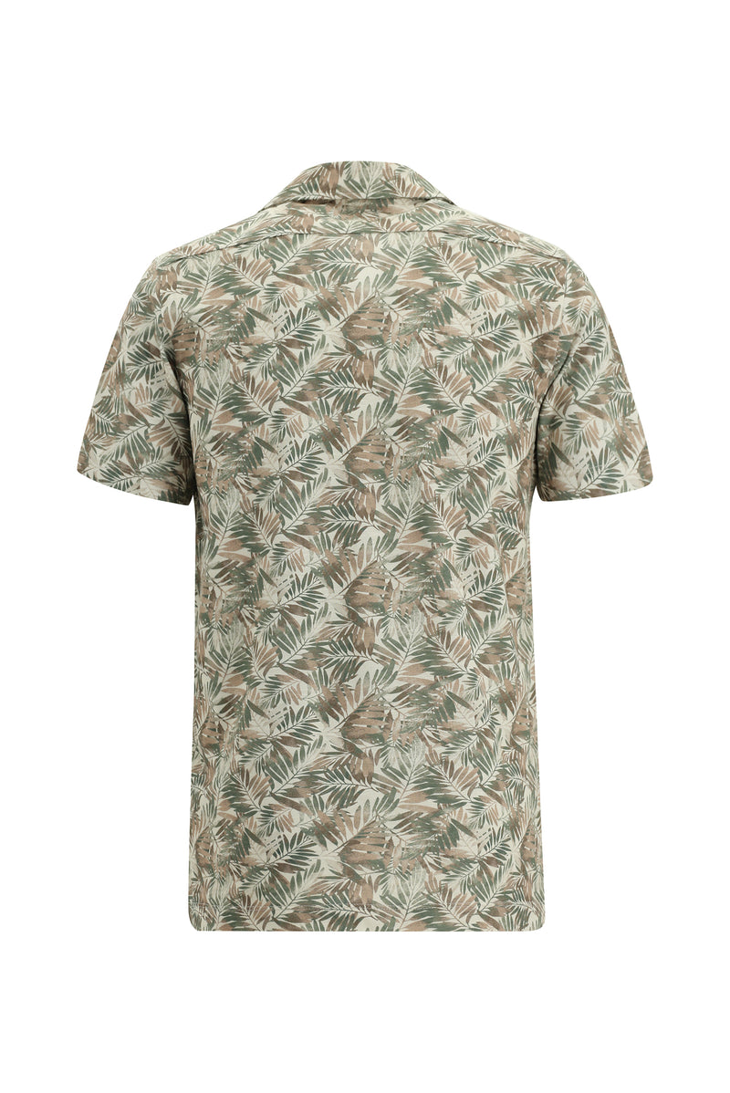 Açık Bej Kısa Kol Slim Fit Dar Kesim Baskılı Spor Pamuk Gömlek