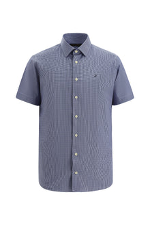 Koyu Lacivert Kısa Kol Slim Fit Dar Kesim Desenli Pamuk Gömlek