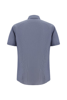 Koyu Lacivert Kısa Kol Slim Fit Dar Kesim Desenli Pamuk Gömlek