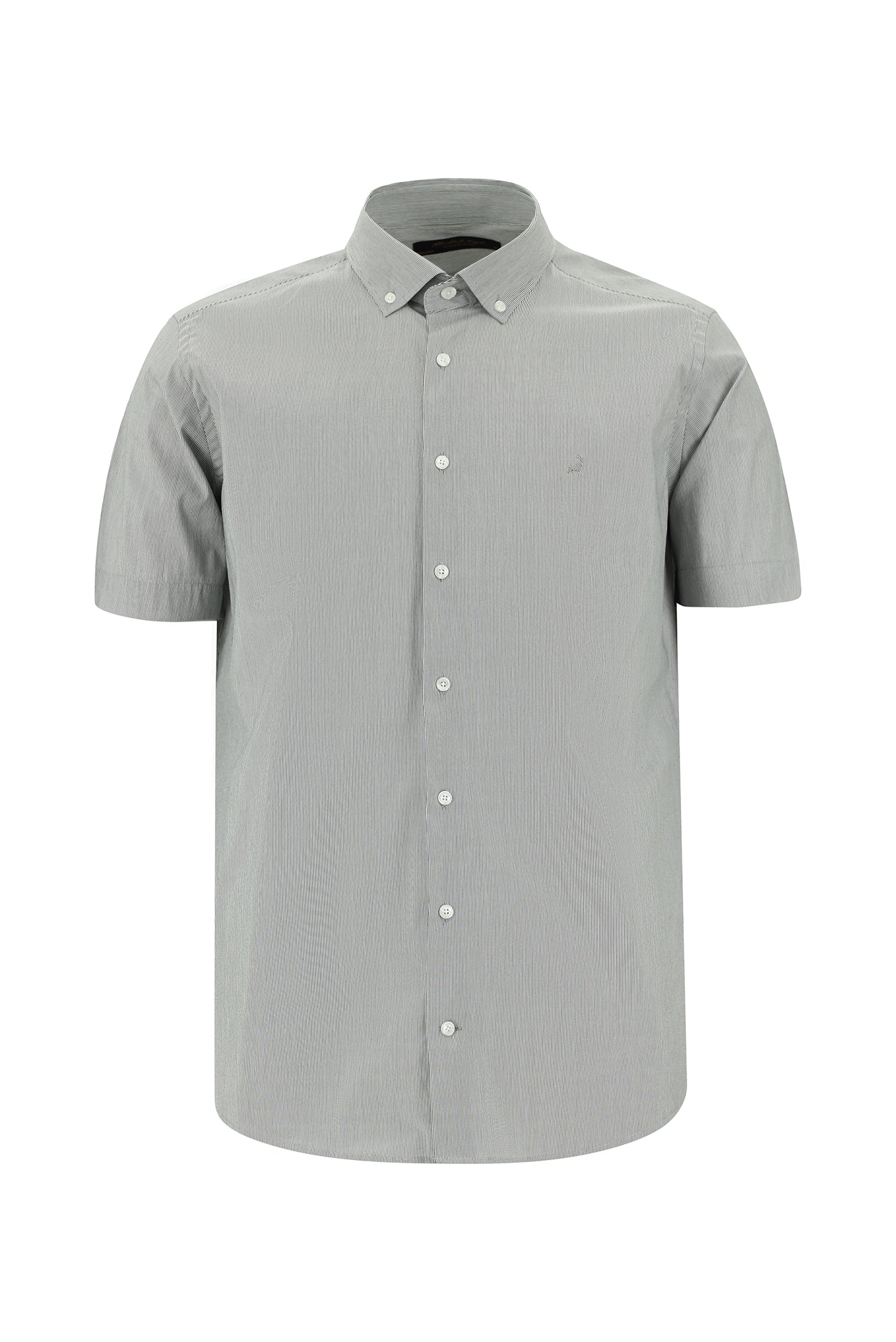Koyu Füme Kısa Kol Slim Fit Dar Kesim Çizgili Pamuklu Gömlek