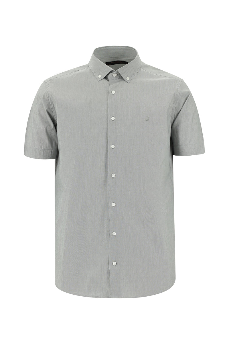 Koyu Füme Kısa Kol Slim Fit Dar Kesim Çizgili Pamuklu Gömlek