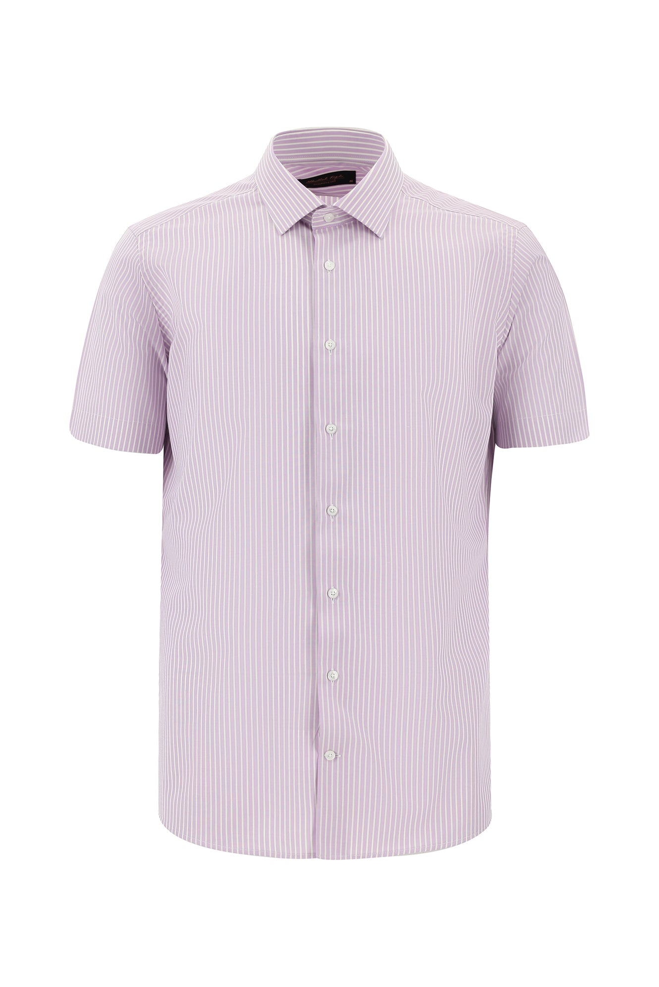 Lila Kısa Kol Slim Fit Dar Kesim Çizgili Pamuk Gömlek