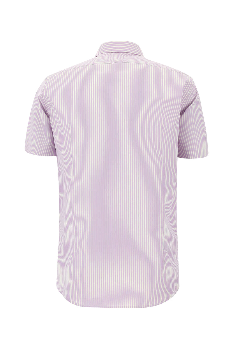Lila Kısa Kol Slim Fit Dar Kesim Çizgili Pamuk Gömlek