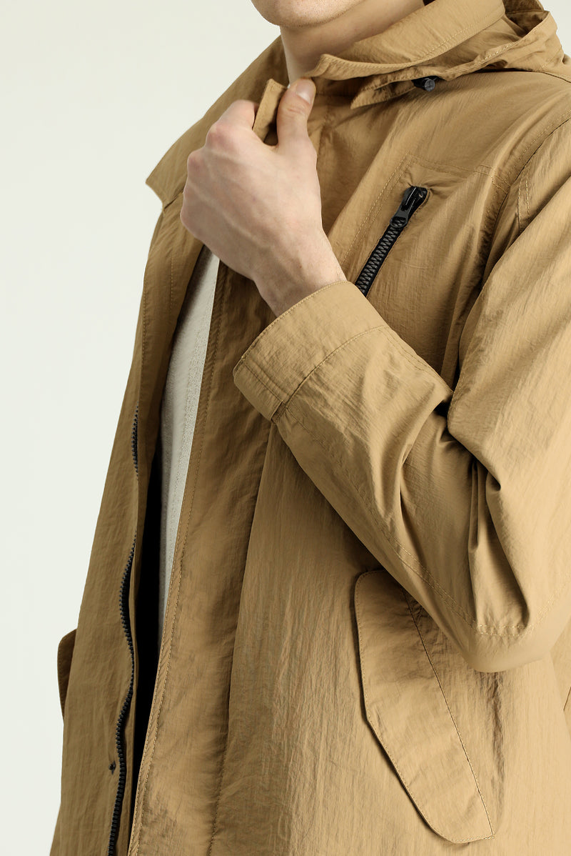 Açık Vizon Kapüşonlu Spor Pardösü & Trençkot