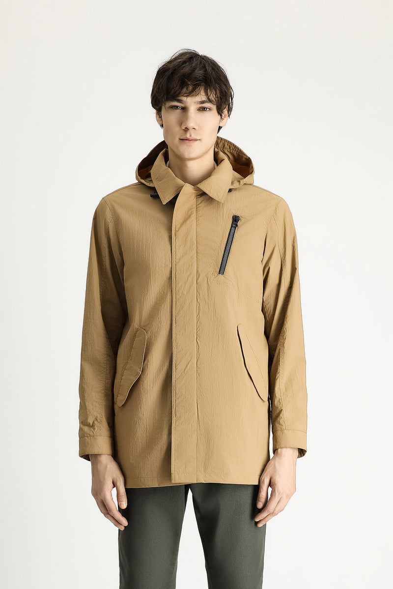 Açık Vizon Kapüşonlu Spor Pardösü & Trençkot