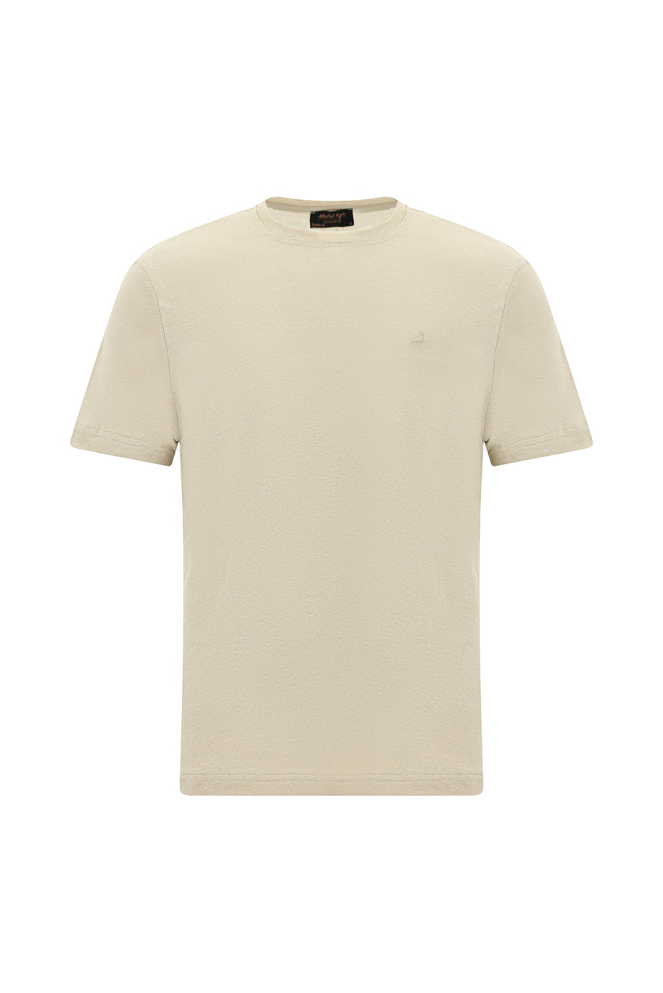 Orta Bej Bisiklet Yaka Regular Fit Nakışlı Keten T-shirt