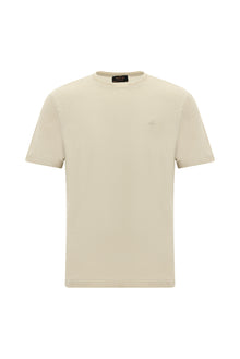 Orta Bej Bisiklet Yaka Regular Fit Nakışlı Keten T-shirt