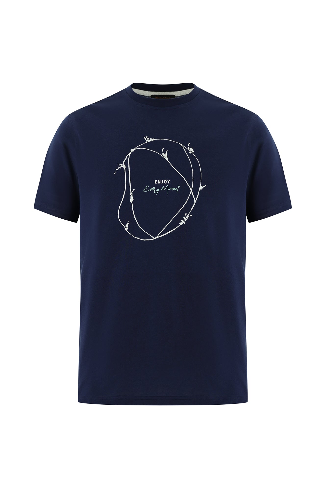 Orta Lacivert Bisiklet Yaka Regular Fit Bask?l? Pamuk T-shirt-Abdullah Ki??l?