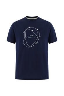 Orta Lacivert Bisiklet Yaka Regular Fit Bask?l? Pamuk T-shirt-Abdullah Ki??l?