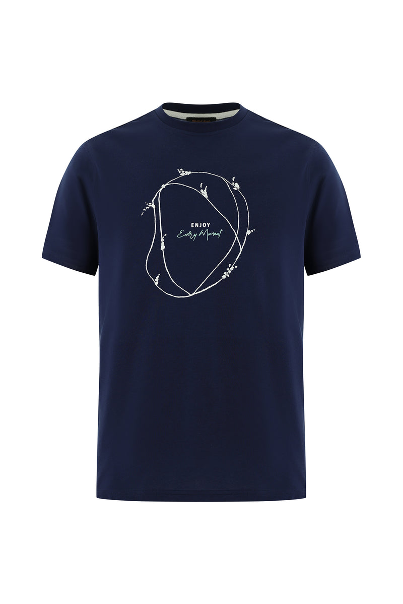 Orta Lacivert Bisiklet Yaka Regular Fit Bask?l? Pamuk T-shirt-Abdullah Ki??l?