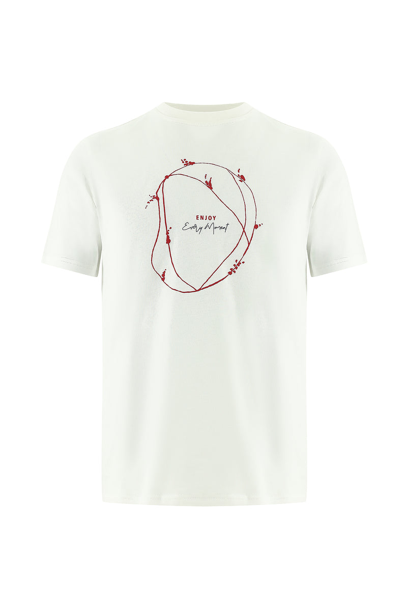Ekru Bisiklet Yaka Regular Fit Bask?l? Pamuk T-shirt-Abdullah Ki??l?
