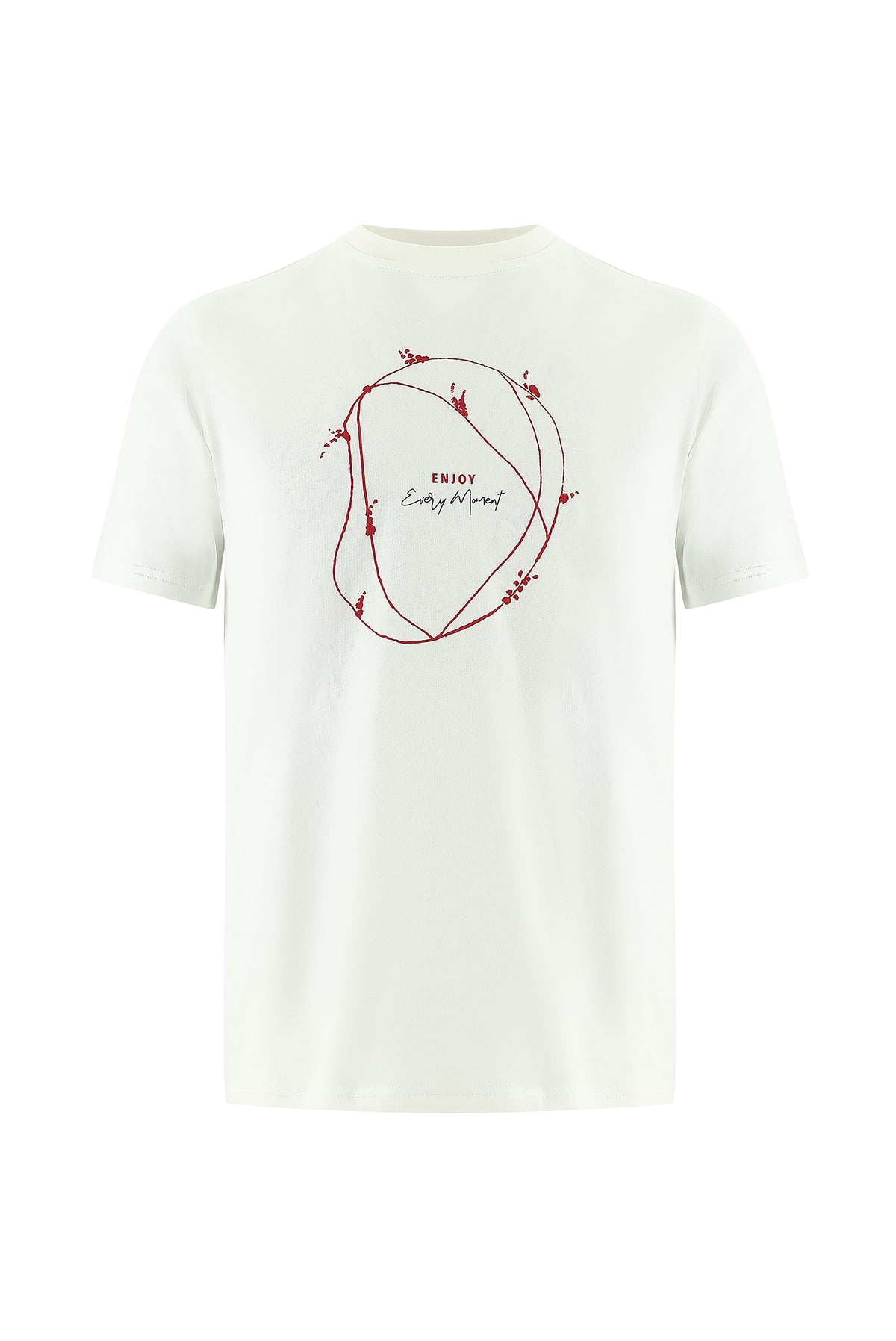 Ekru Bisiklet Yaka Regular Fit Baskılı Pamuk T-shirt