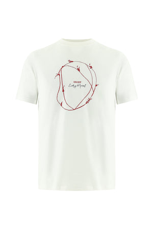 Ekru Bisiklet Yaka Regular Fit Baskılı Pamuk T-shirt