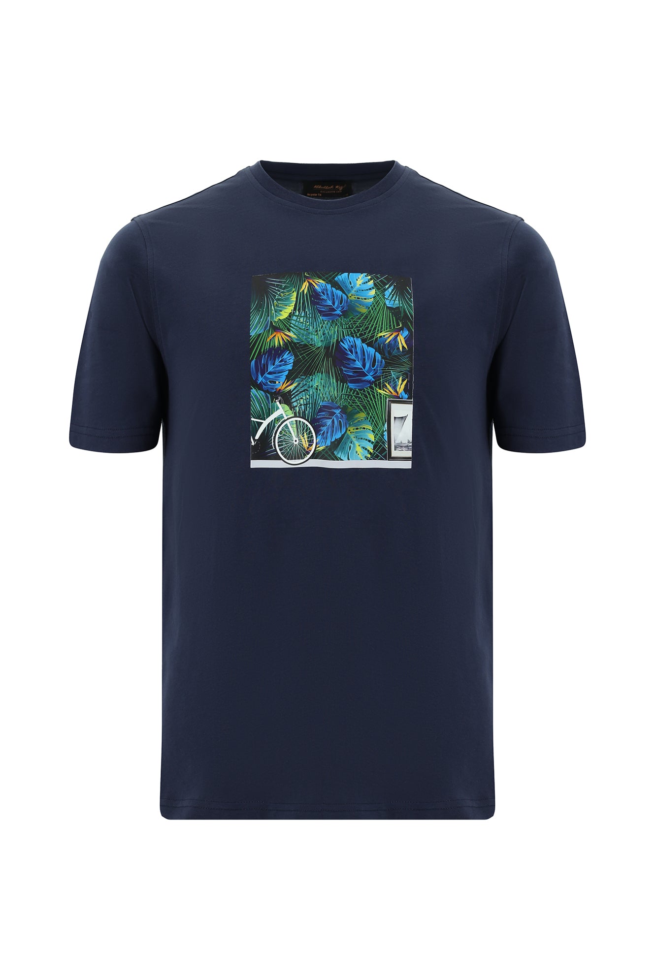 Koyu Lacivert Bisiklet Yaka Regular Fit Baskılı Pamuk T-shirt