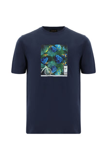 Koyu Lacivert Bisiklet Yaka Regular Fit Baskılı Pamuk T-shirt