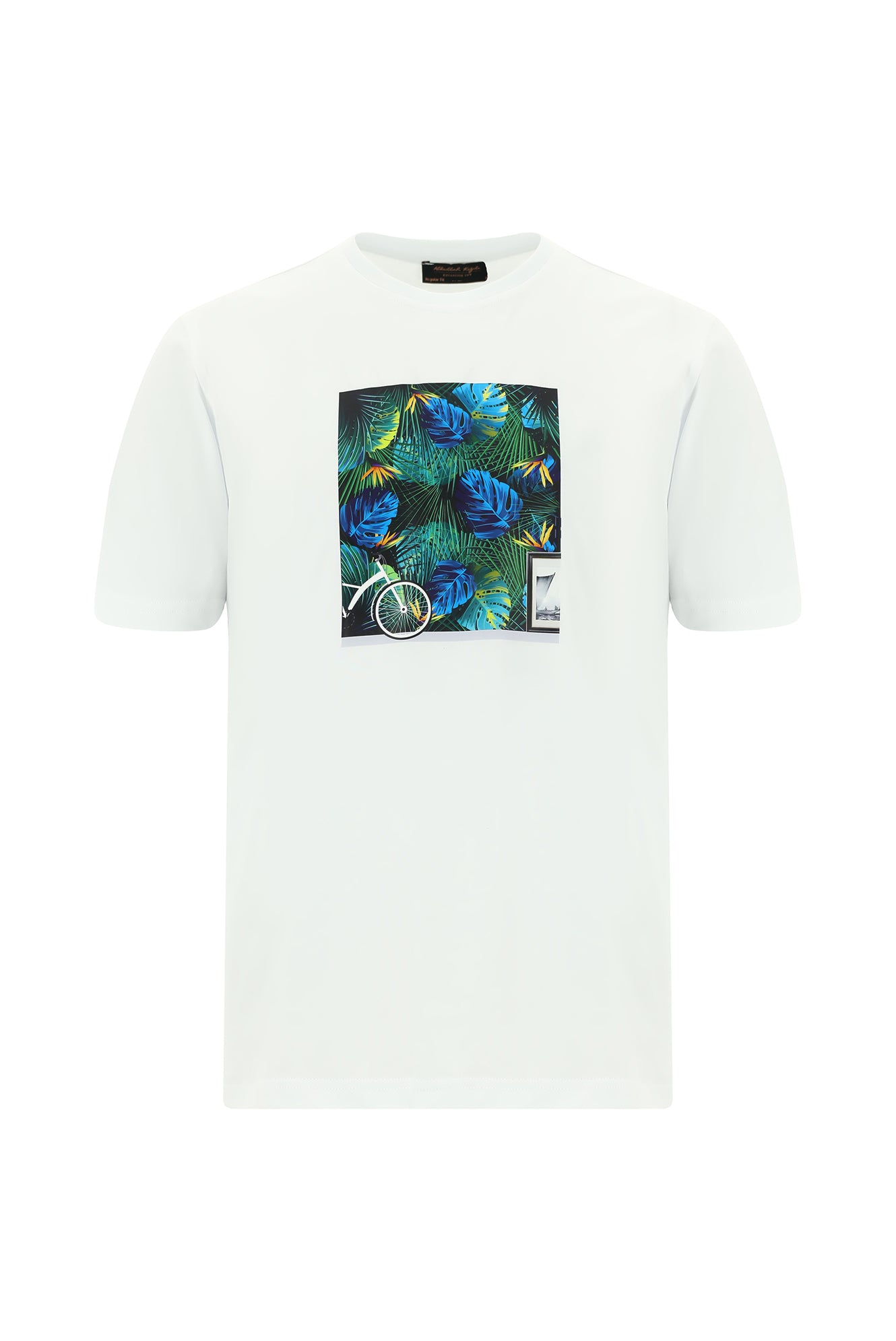 Beyaz Bisiklet Yaka Regular Fit Baskılı Pamuk T-shirt