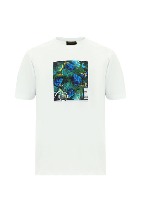 Beyaz Bisiklet Yaka Regular Fit Baskılı Pamuk T-shirt