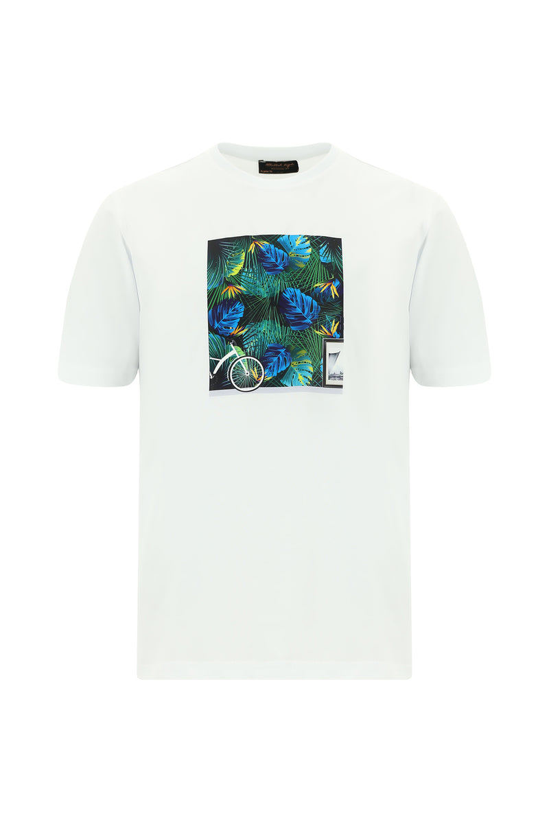 Beyaz Bisiklet Yaka Regular Fit Baskılı Pamuk T-shirt