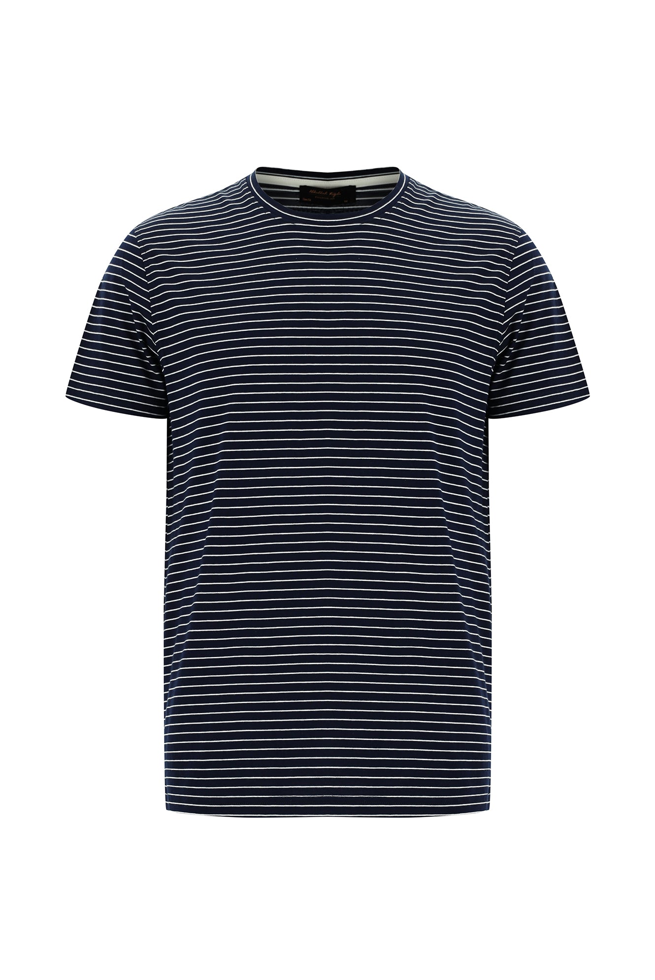 Koyu Lacivert Bisiklet Yaka Slim Fit Dar Kesim Çizgili Merserize Pamuk T-shirt