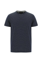 Koyu Lacivert Bisiklet Yaka Slim Fit Dar Kesim Çizgili Merserize Pamuk T-shirt