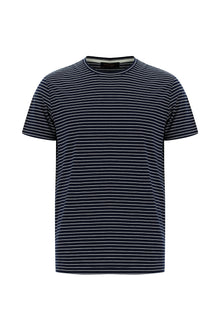 Koyu Lacivert Bisiklet Yaka Slim Fit Dar Kesim Çizgili Merserize Pamuk T-shirt