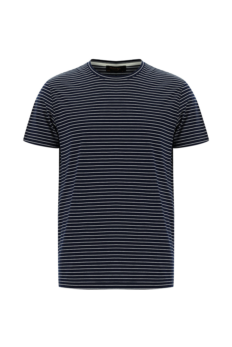 Koyu Lacivert Bisiklet Yaka Slim Fit Dar Kesim Çizgili Merserize Pamuk T-shirt