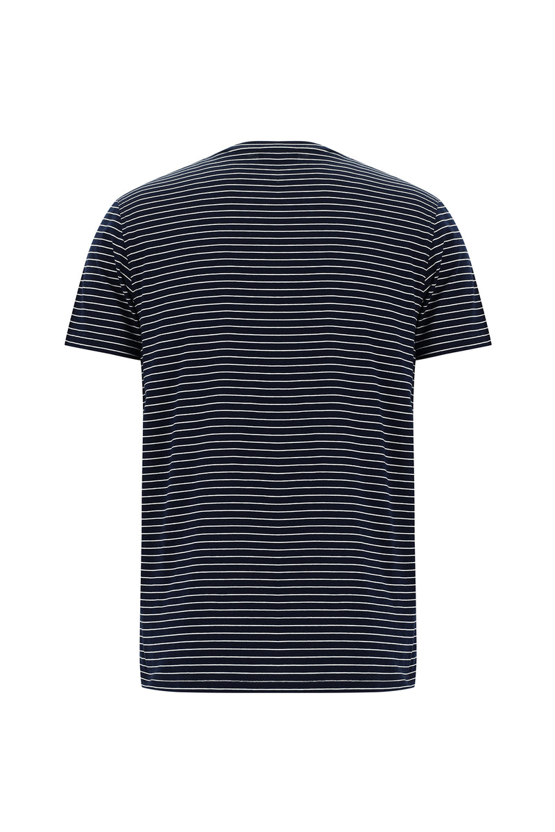 Koyu Lacivert Bisiklet Yaka Slim Fit Dar Kesim Çizgili Merserize Pamuk T-shirt