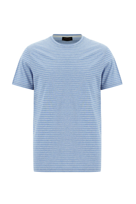 Havacı Mavi Bisiklet Yaka Slim Fit Dar Kesim Çizgili Merserize Pamuk T-shirt