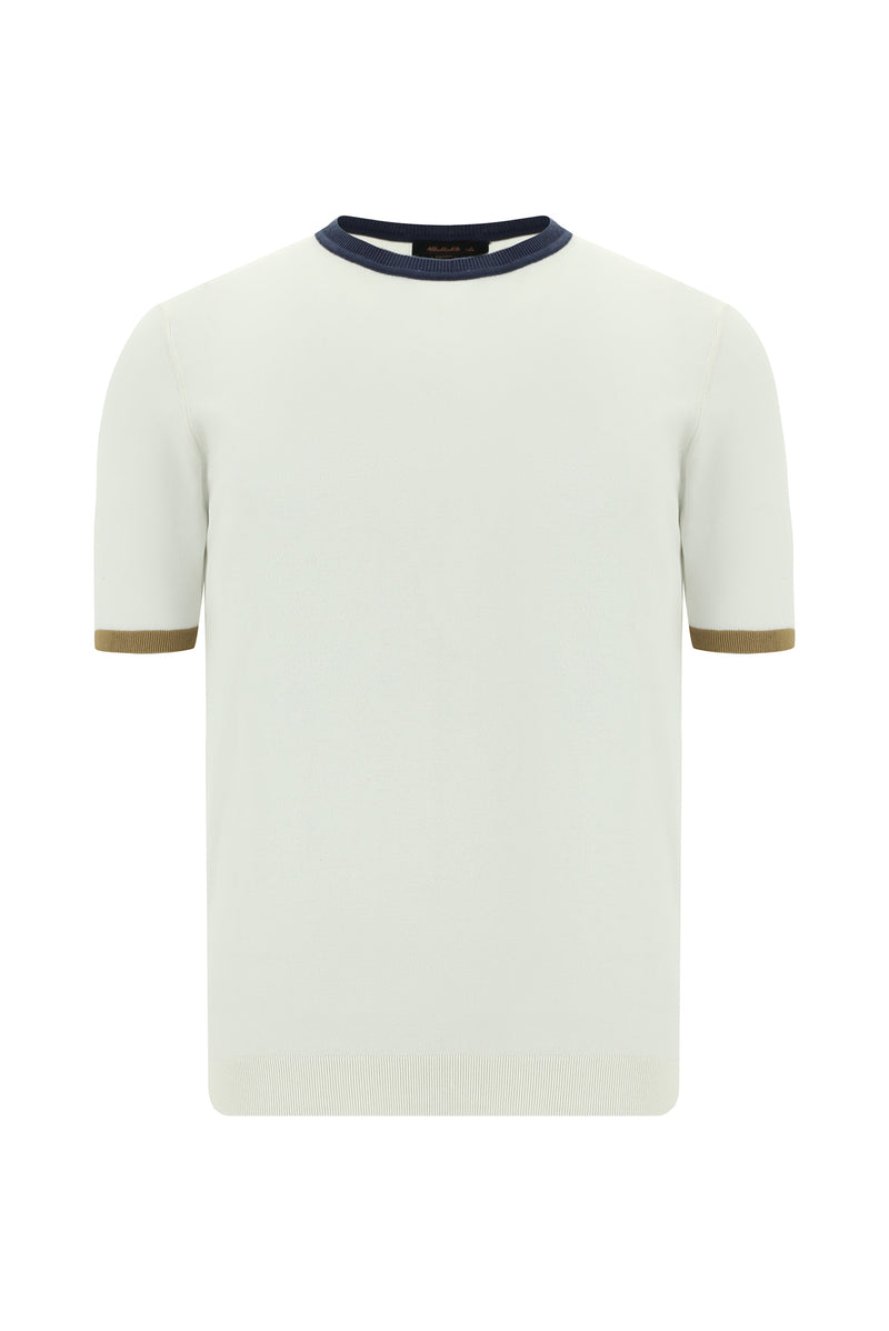 Kırık Beyaz Bisiklet Yaka Slim Fit Dar Kesim Desenli Nakışlı Pamuklu T-shirt