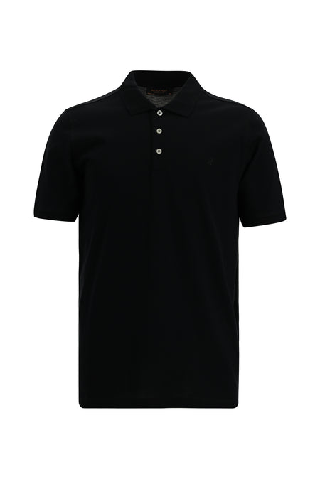 Siyah Regular Fit Nakışlı Merserize Pamuk Kıvrılmaz Polo Yaka T-shirt