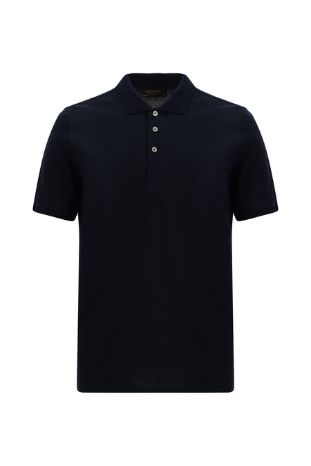 Koyu Lacivert Regular Fit Nakışlı Merserize Pamuk Kıvrılmaz Polo Yaka T-shirt