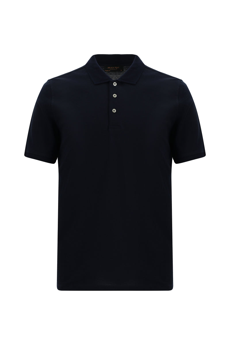 Koyu Lacivert Regular Fit Nakışlı Merserize Pamuk Kıvrılmaz Polo Yaka T-shirt