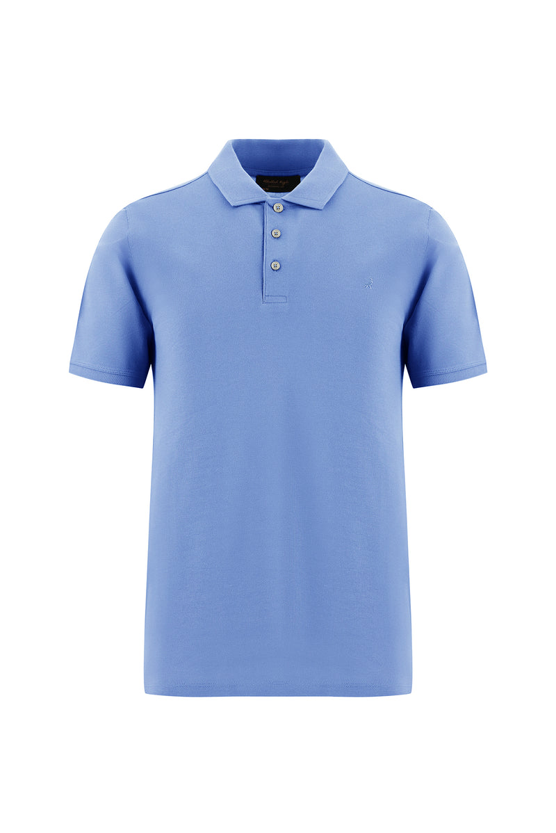 Koyu Mavi  Regular Fit Nakışlı Merserize Pamuk Kıvrılmaz Polo Yaka T-shirt