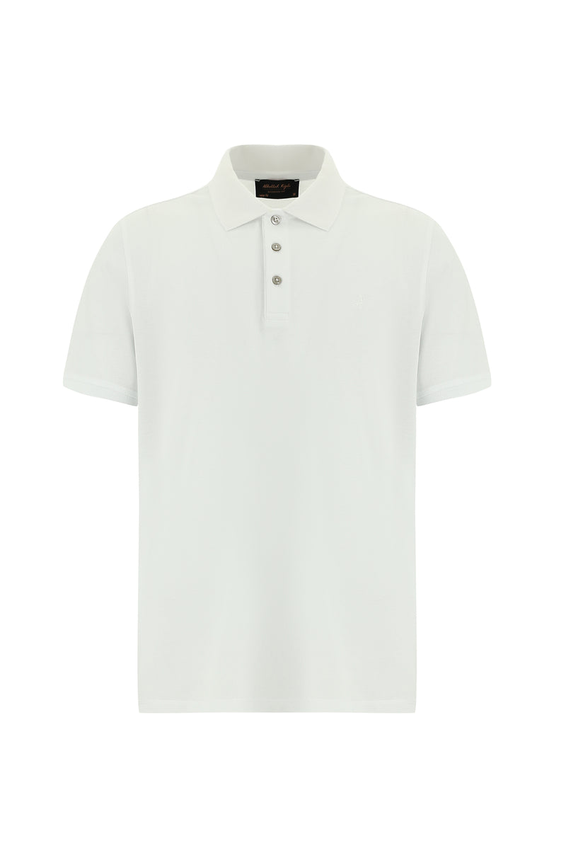 Beyaz Regular Fit Nakışlı Merserize Pamuk Kıvrılmaz Polo Yaka T-shirt