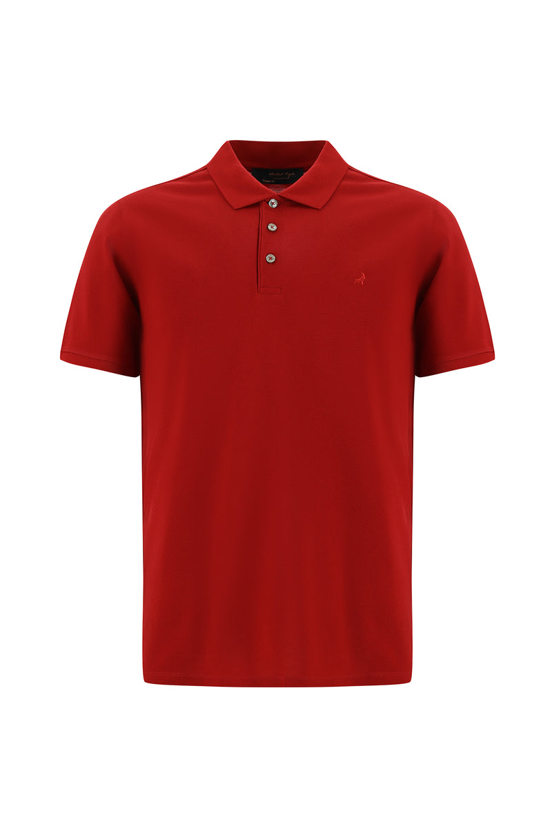 Koyu Kırmızı Regular Fit Nakışlı Merserize Pamuk Kıvrılmaz Polo Yaka T-shirt