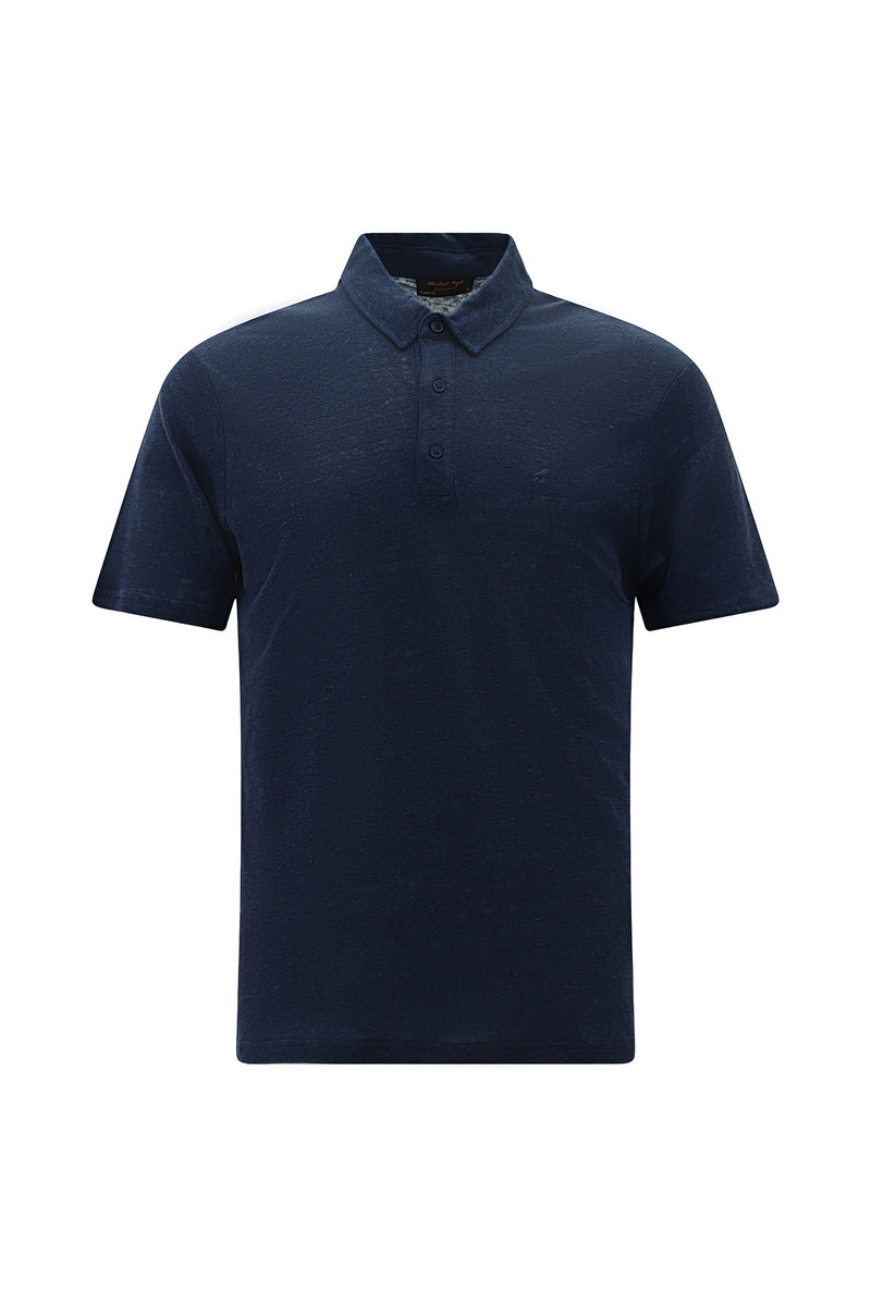 Koyu Lacivert Regular Fit Nakışlı Keten Polo Yaka T-shirt