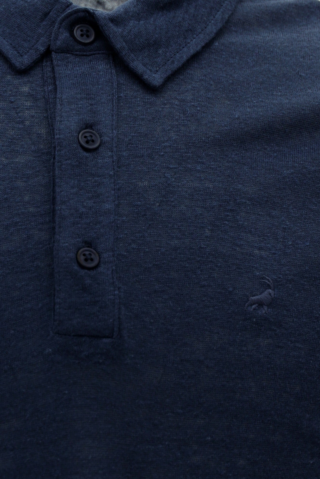 Koyu Lacivert Regular Fit Nakışlı Keten Polo Yaka T-shirt