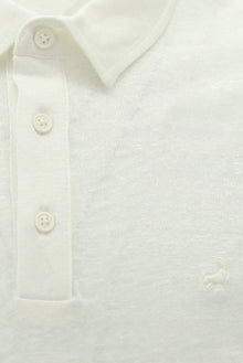 Kırık Beyaz Regular Fit Nakışlı Keten Polo Yaka T-shirt